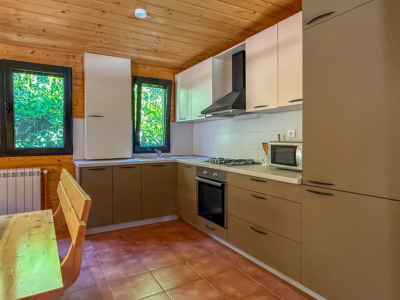 The modern kitchen with oven, gas hob and microwave