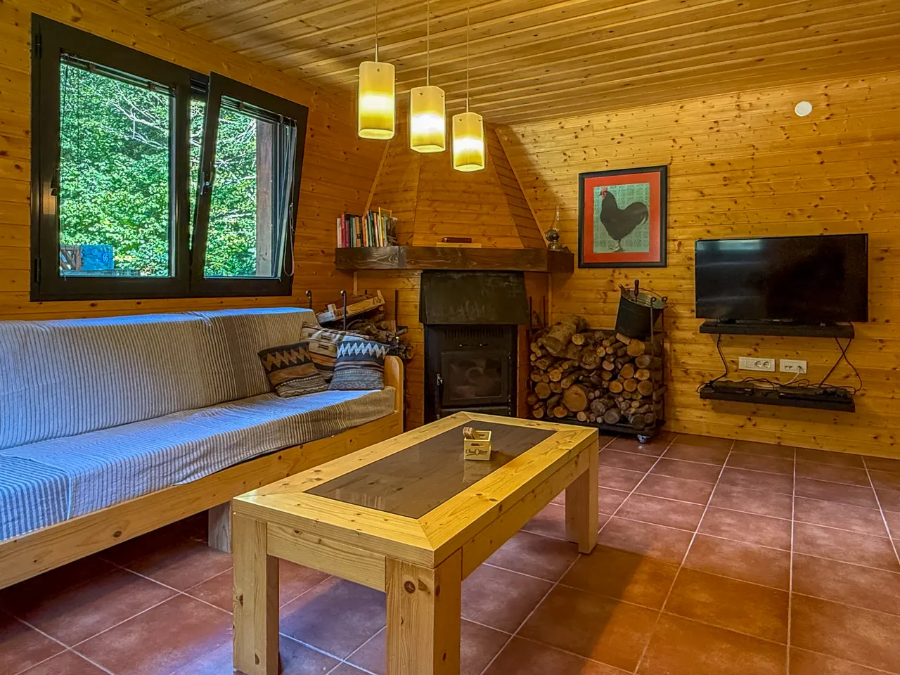 The sofa and coffee table in front of the stove