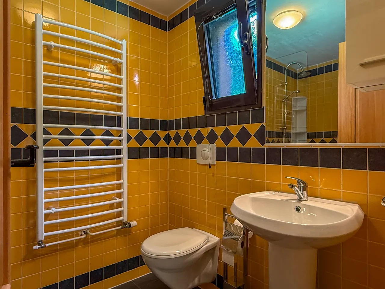 The downstairs bathroom with a heated towel rail