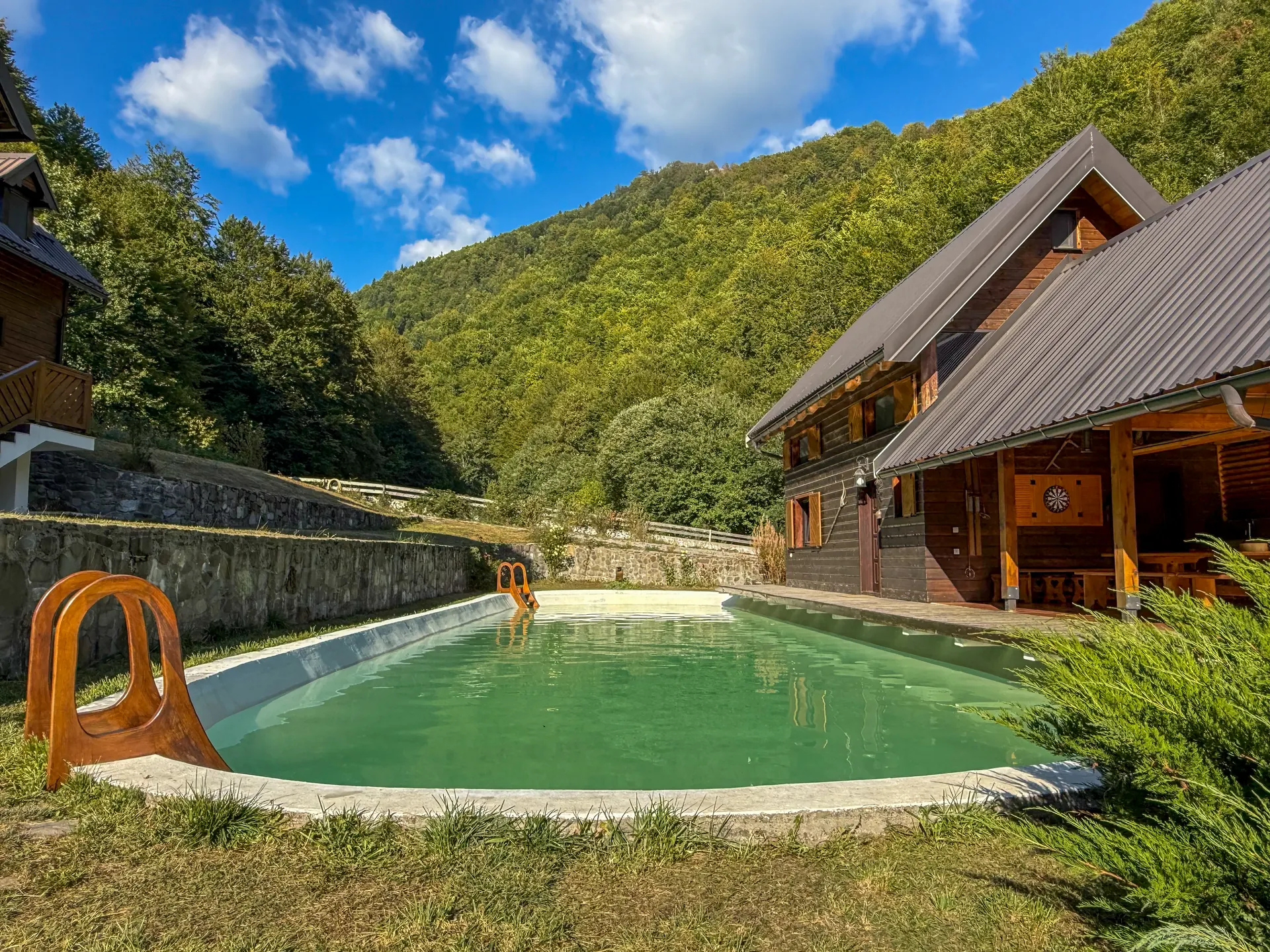 The natural pool with the wooded valley behind it