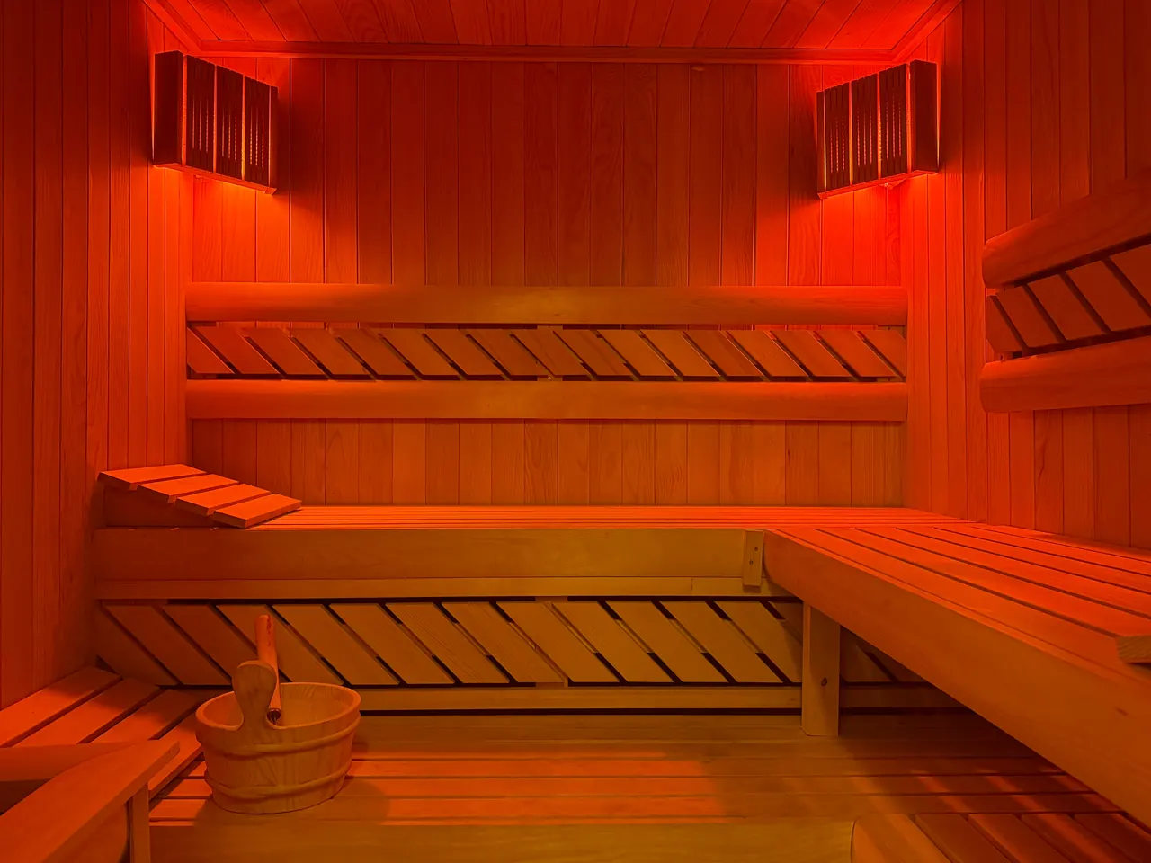 The sauna, softly lit