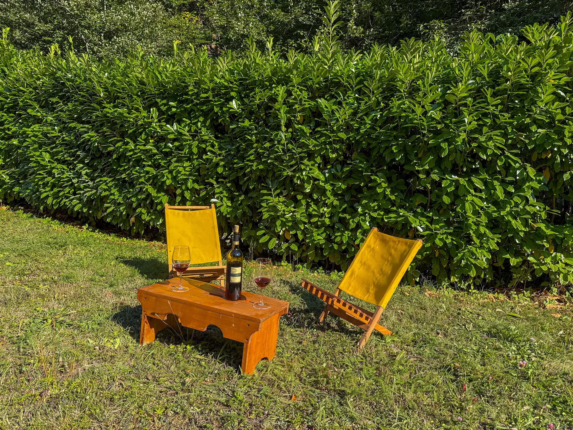 Two folding chairs and a glass of wine on the grass